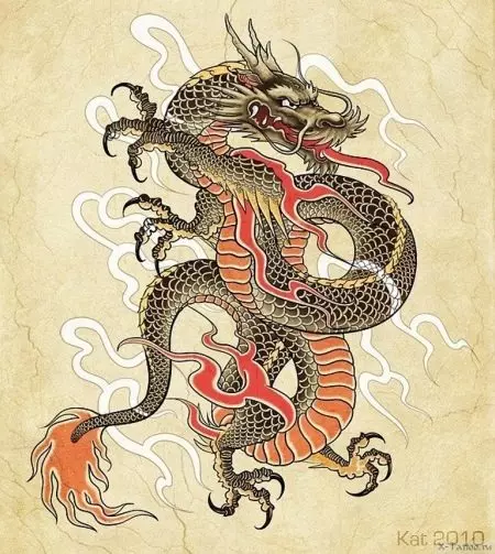 जपानी ड्रॅगनसह टॅटू: स्केच आणि जपानच्या शैलीतील टॅटूचे मूल्य, खांद्यावर, फावडे आणि छातीवर, पायावर आणि इतर क्षेत्रामध्ये स्लीप आणि टॅटू 14174_6