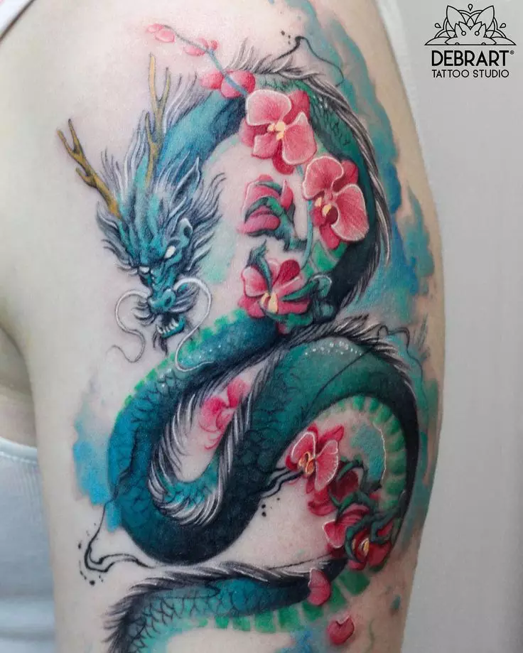 Tattoo met de Japanse draak: schetsen en de waarde van tatoeages in de stijl van Japan, mouw op hand en tatoeage op de schouder, op de schop en op de borst, op de voet en in andere zones 14174_9