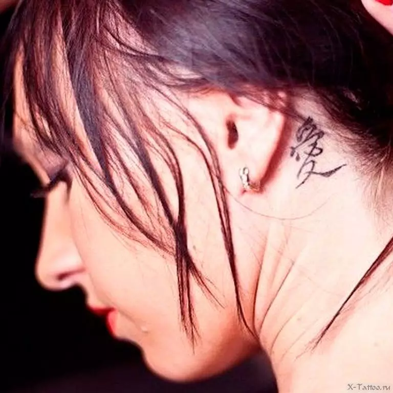 Tattoo detrás da orella para nenas (39 fotos): bosquexos de pequenas tatuaxes, o valor da mini-tatuaxe das mulleres, as tatuaxes con estrelas e inscricións, serpes e plumas, outras opcións 14190_12