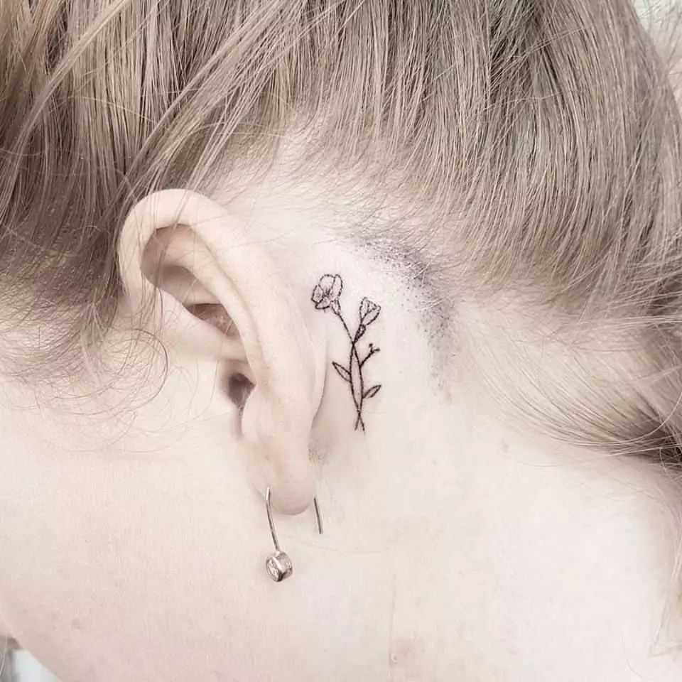 Tattoo za uho za dekleta (39 fotografij): skice majhnih tetovaž, vrednost ženskega mini-tatona, tetovaže z zvezdami in napisi, kače in perje, druge možnosti 14190_18