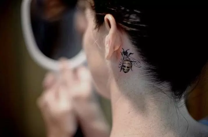 Tetovaža iza uha za djevojčice (39 fotografija): skice malih tetovaža, vrijednost ženskog mini tetovaže, tetovaže sa zvijezdama i natpisima, zmije i perja, druge mogućnosti 14190_19