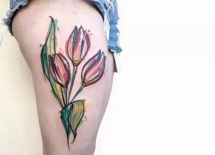 Tato dengan tulip: nilai tato untuk anak perempuan dan untuk pria, sketsa. Tato di tangan pergelangan tangan dan di daerah lain, tulip hitam dan opsi lainnya 14192_20