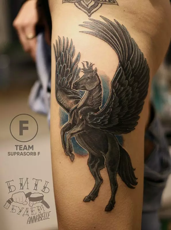Pegasus Tattoo: Valè a nan tatoo pou gason ak tifi, desen nan yon chwal nan fòm lan nan yon chwal ki gen zèl sou do a ak nan lòt zòn 14193_12