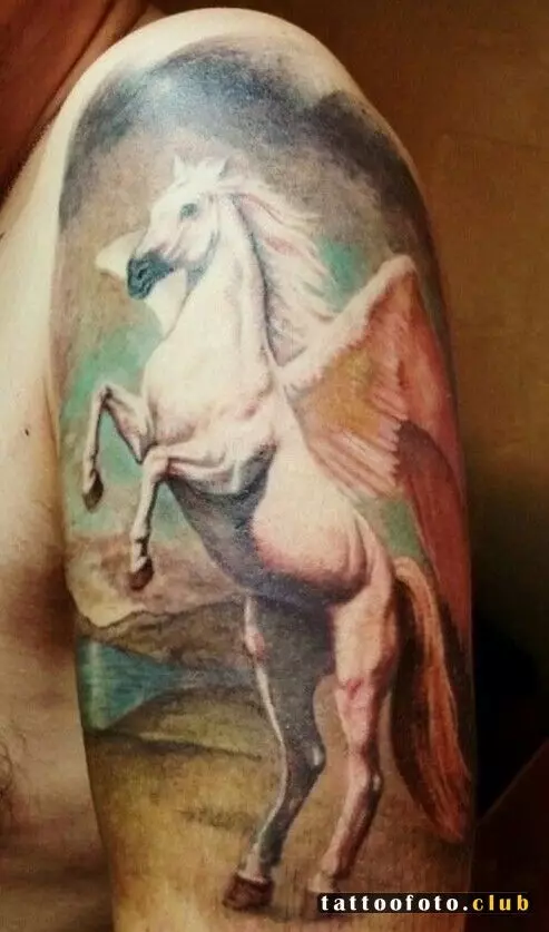 Tattoo ya Pegasus: thamani ya tattoo kwa wanaume na wasichana, michoro ya farasi kwa namna ya farasi na mabawa nyuma na katika maeneo mengine 14193_14