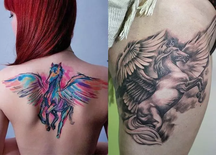 Tato Pegasus: nilai tato untuk pria dan anak perempuan, sketsa seekor kuda dalam bentuk seekor kuda dengan sayap di belakang dan di daerah lain 14193_23