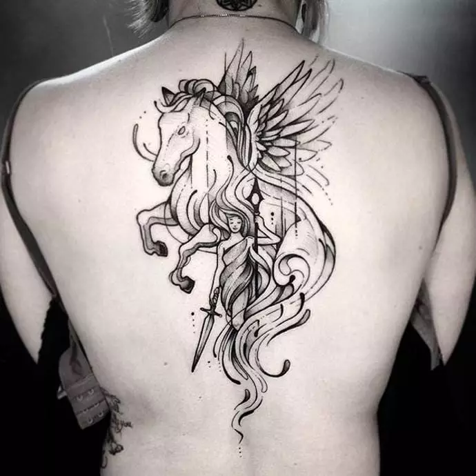 Tattoo ya Pegasus: thamani ya tattoo kwa wanaume na wasichana, michoro ya farasi kwa namna ya farasi na mabawa nyuma na katika maeneo mengine 14193_27