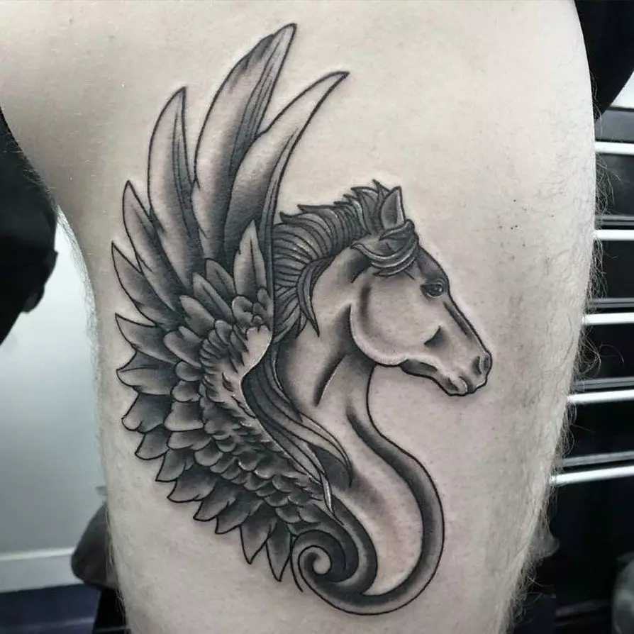 Pegasus Tattoo: il valore dei tatuaggi per uomini e ragazze, schizzi di un cavallo sotto forma di cavallo con le ali sulla schiena e in altre aree 14193_28