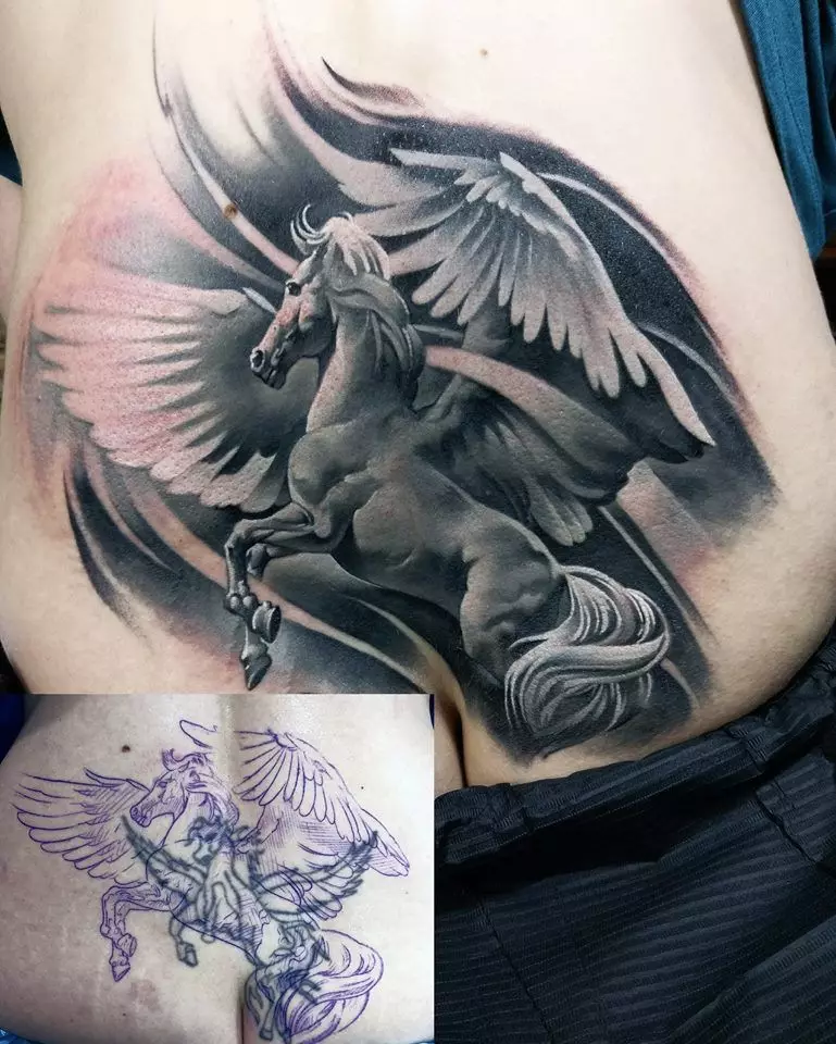 Tattoo ya Pegasus: thamani ya tattoo kwa wanaume na wasichana, michoro ya farasi kwa namna ya farasi na mabawa nyuma na katika maeneo mengine 14193_29