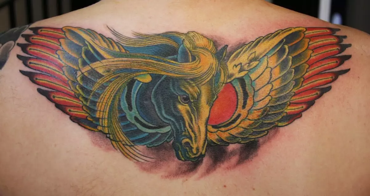 Pegasus Tattoo: Valè a nan tatoo pou gason ak tifi, desen nan yon chwal nan fòm lan nan yon chwal ki gen zèl sou do a ak nan lòt zòn 14193_9