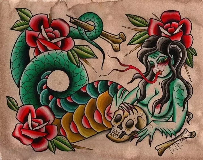 Tato Nesraverted: Tattos sareng bentuk gaya tradisional, tattoo dina bentuk buuk sareng ucing, singa sareng anu sanés 14206_15