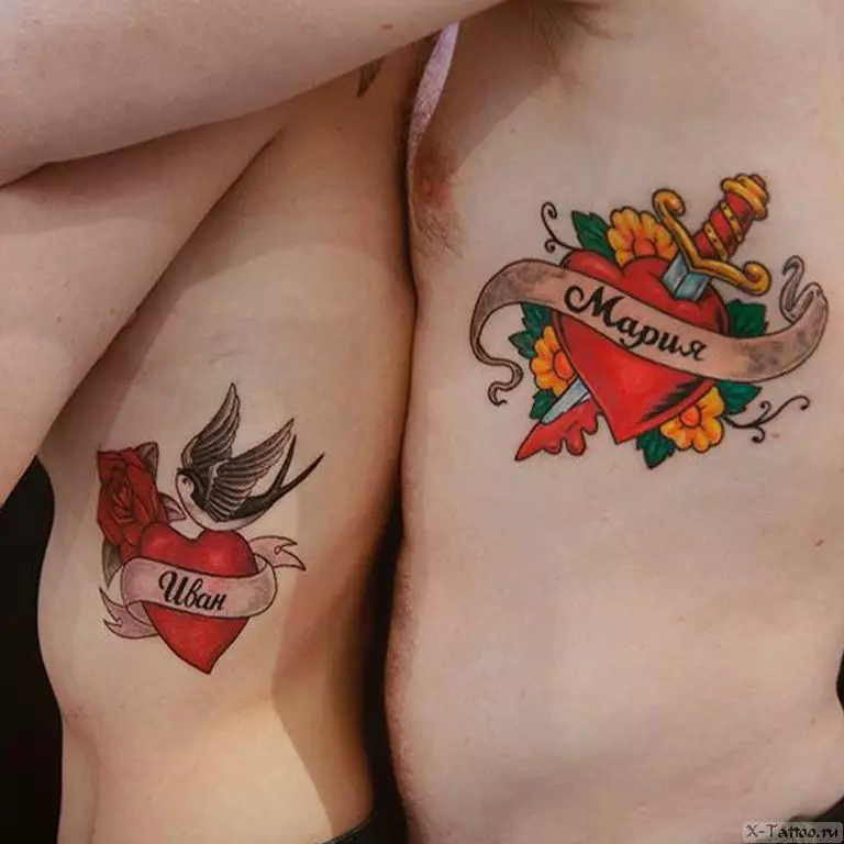 Párované tetování pro svého manžela a manželky (55 fotek): malé tetování pro dva a společné tetování ve formě nápisů, jiné krásné nápady pro páry 14211_7