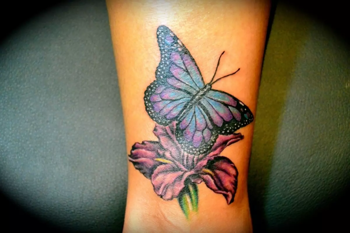 Tattoo z metulji za dekleta (56 fotografij): vrednost tetovaže na roki in na zapestju, na spodnjem delu hrbta in na vratu, na nogi in na želodcu, na hrbtu in na drugih območjih, skice 14214_22