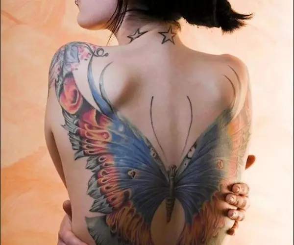 Tattoo z metulji za dekleta (56 fotografij): vrednost tetovaže na roki in na zapestju, na spodnjem delu hrbta in na vratu, na nogi in na želodcu, na hrbtu in na drugih območjih, skice 14214_42