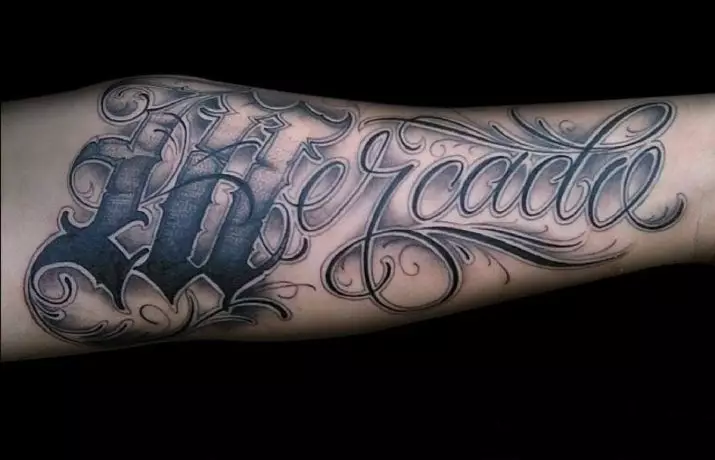 Tetovējums Burti: skices zīmējumi un stila iezīmēm. Piemērošana fontu un skaitļu veidā tetovējums uz kakla, uz pirkstiem otu, rokas un krūtis, citas zonas vīriešiem un sievietēm 14234_2
