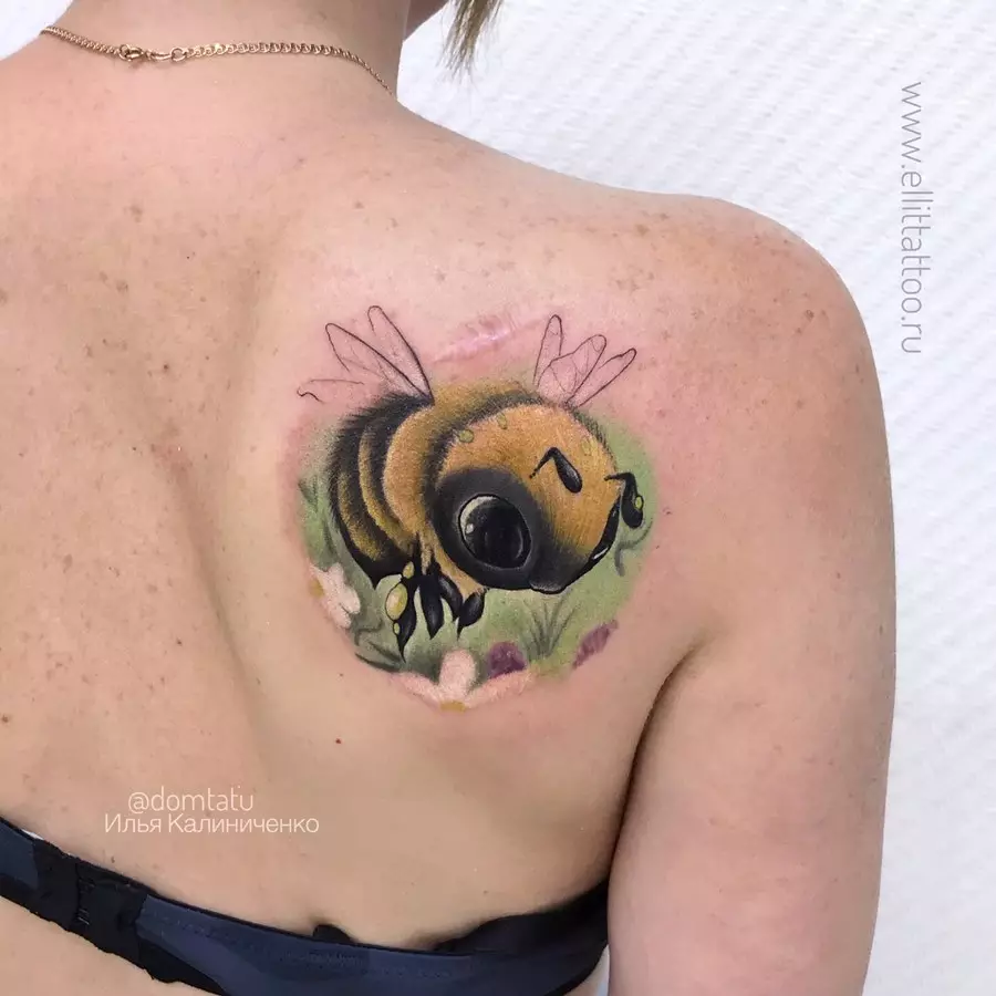 Tattoo «Bee». Իմ իմաստն ու էսքիզներ տղամարդկանց համար, փոքրիկ դաջվածքի մեղու աղջիկների եւ պարանոցի վրա, մեղվաբուծական դաջվածքներ ծաղկի եւ այլ գեղեցիկ օրինակների համար 14240_25
