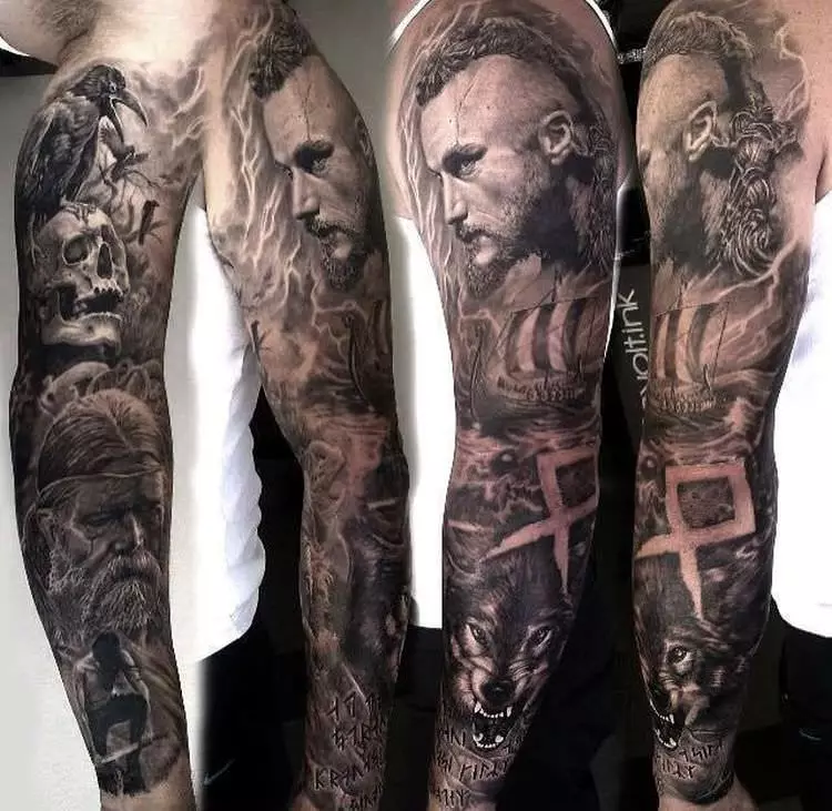 Tattoo Vikings (55 Fotoen): Viking Tattooen Wäert. Tattoo op d'Schëller, Ärmelen op Hänn fir Männer an Tattoo op der Ënneraarm, op der Récksäiten 14249_5