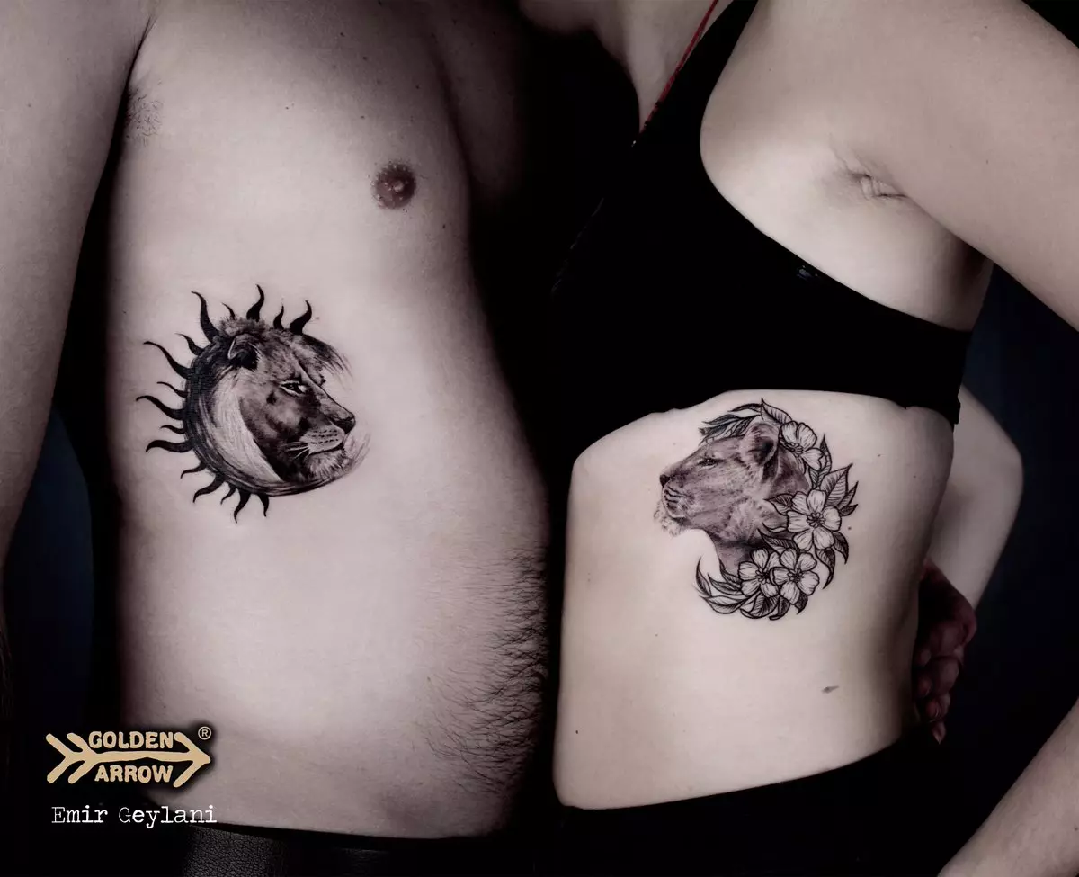 Упарени тетоважа за љубавнике (67 фотографија): Идеје заједничких малих тетоважа за момка и девојчице, њихово значење, скице и натписи 14256_56