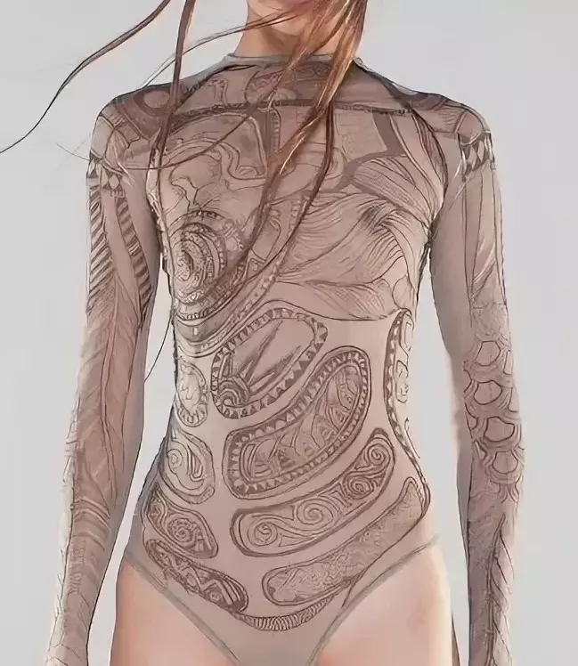 Ciało z tatuażami: Przegląd kobiecych body z rysunkami w postaci tatuażu, czarnych i innych modeli 14266_11