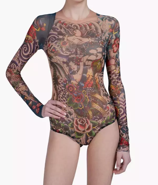 Badan dengan tatu: Tinjauan Bodysuit perempuan dengan lukisan dalam bentuk tatu, hitam dan lain-lain model 14266_12