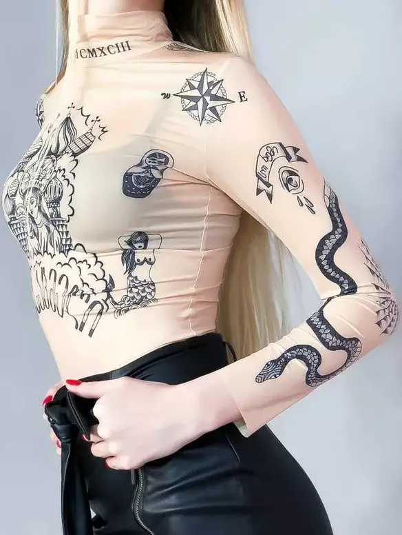 Telesni z tetovaže: Pregled ženskega bodysuit z risbami v obliki tatoo, črne in druge modele 14266_5