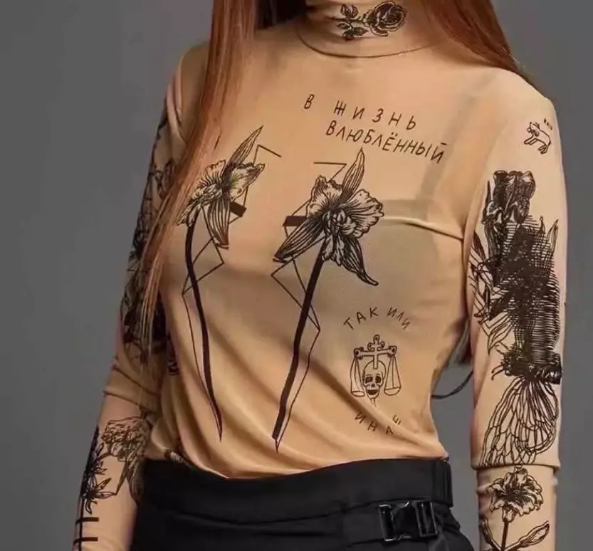 Telesni z tetovaže: Pregled ženskega bodysuit z risbami v obliki tatoo, črne in druge modele 14266_8
