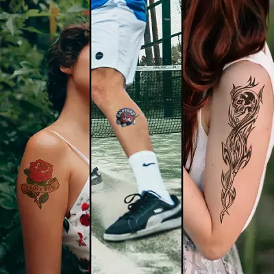 Tatuazh i përkthyer (45 foto): Si të ngjitni tatuazhet e përkohshme në trup? Tattooo-freckles në fytyrë dhe tatuazh të tjera që mbajnë për një kohë të gjatë 14269_12