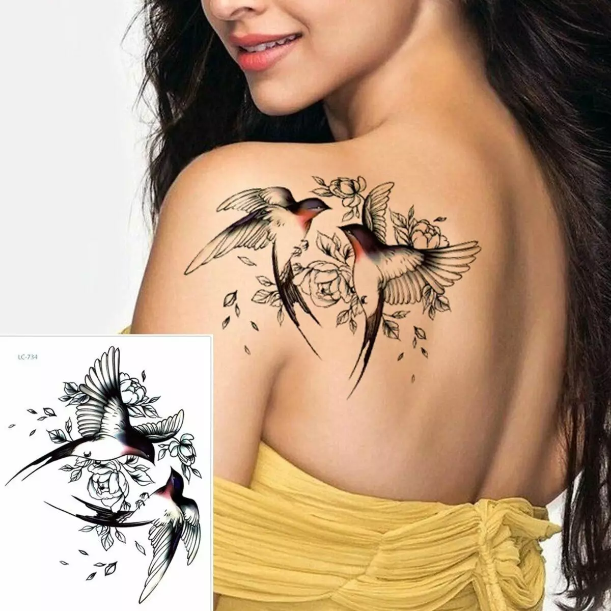 Преведена тетоважа (45 фотографија): Како лепити привремене налепнице за тетоваже на телу? Таттоо-пеге на лицу и другој тетоваже који се дуго држе 14269_34