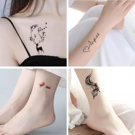 Tatuazh i përkthyer (45 foto): Si të ngjitni tatuazhet e përkohshme në trup? Tattooo-freckles në fytyrë dhe tatuazh të tjera që mbajnë për një kohë të gjatë 14269_8