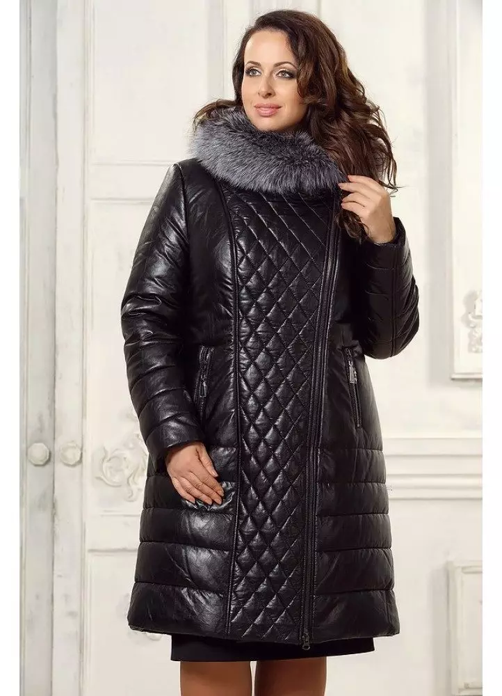 Chaqueta de cuero hacia abajo (46 fotos): Chaquetas de cuero femeninas con piel de piel negra, modelo con capucha 14352_10