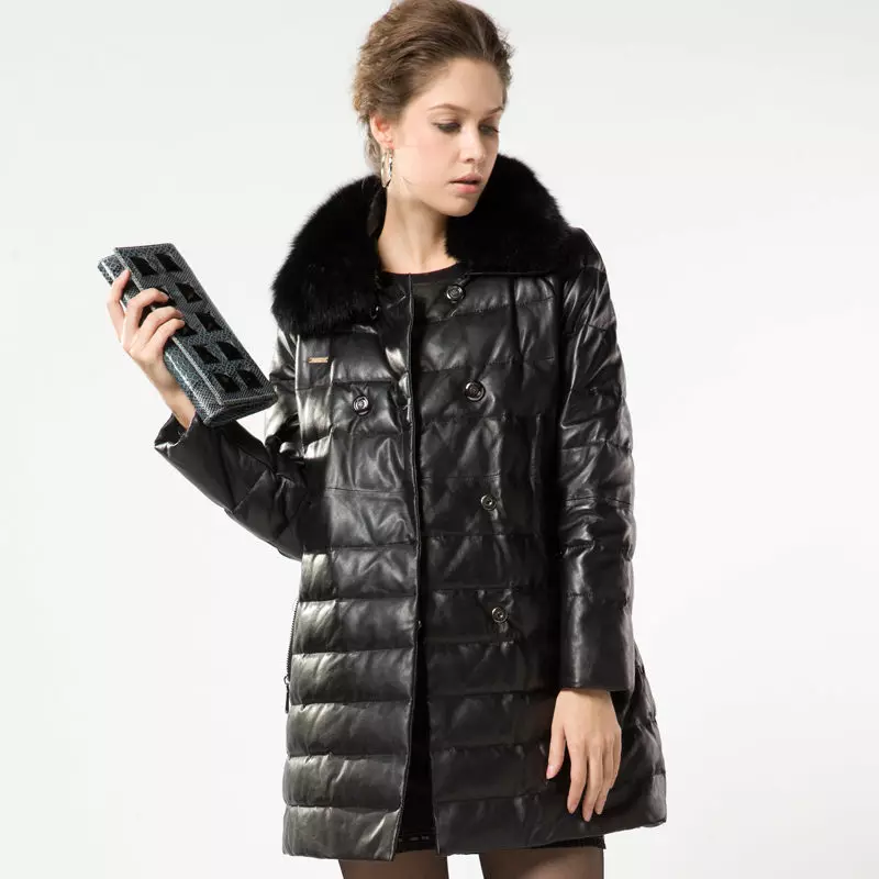 Leather Down Jacket (46 Bilder): Kvinnelige skinnjakker med svart pels pels, hette 14352_20