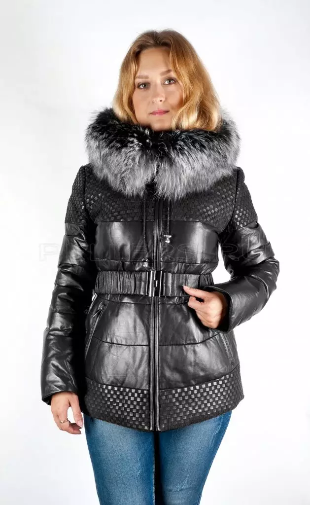 Leather Down Jacket (46 Bilder): Kvinnelige skinnjakker med svart pels pels, hette 14352_29