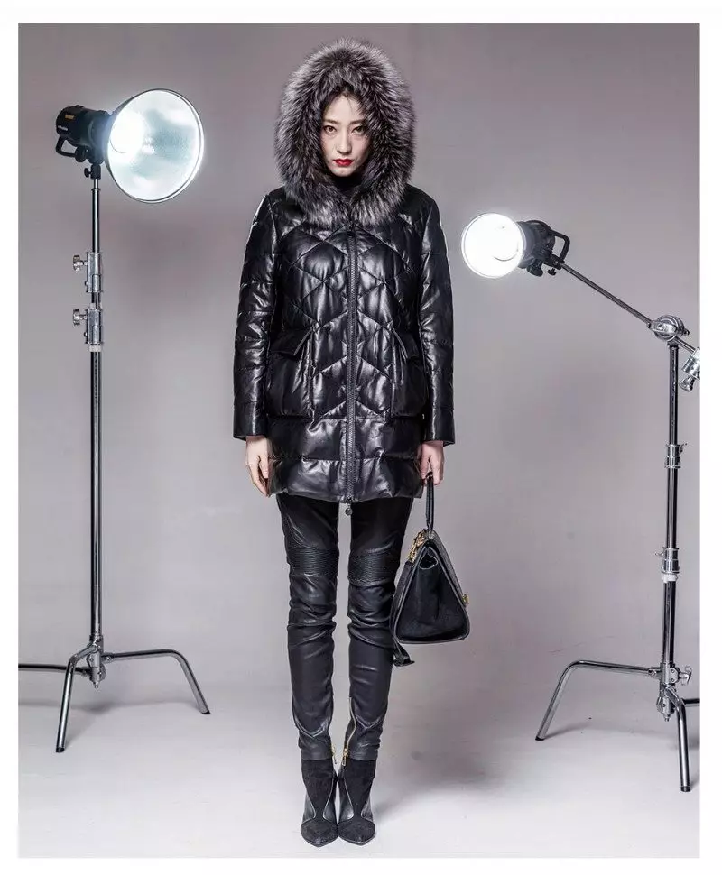 Leather Down Jacket (46 Bilder): Kvinnelige skinnjakker med svart pels pels, hette 14352_31