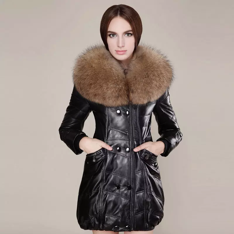 Leather Down Jacket (46 Bilder): Kvinnelige skinnjakker med svart pels pels, hette 14352_44