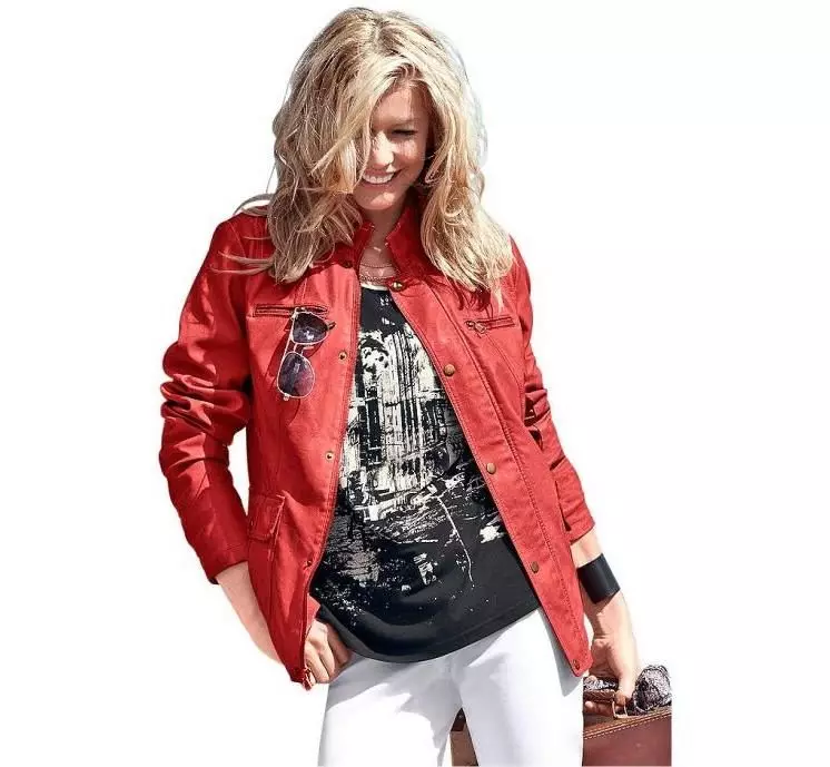 Crvena kožna jakna (49 fotografija): Što je nošenje, spektakularne slike 14397_34