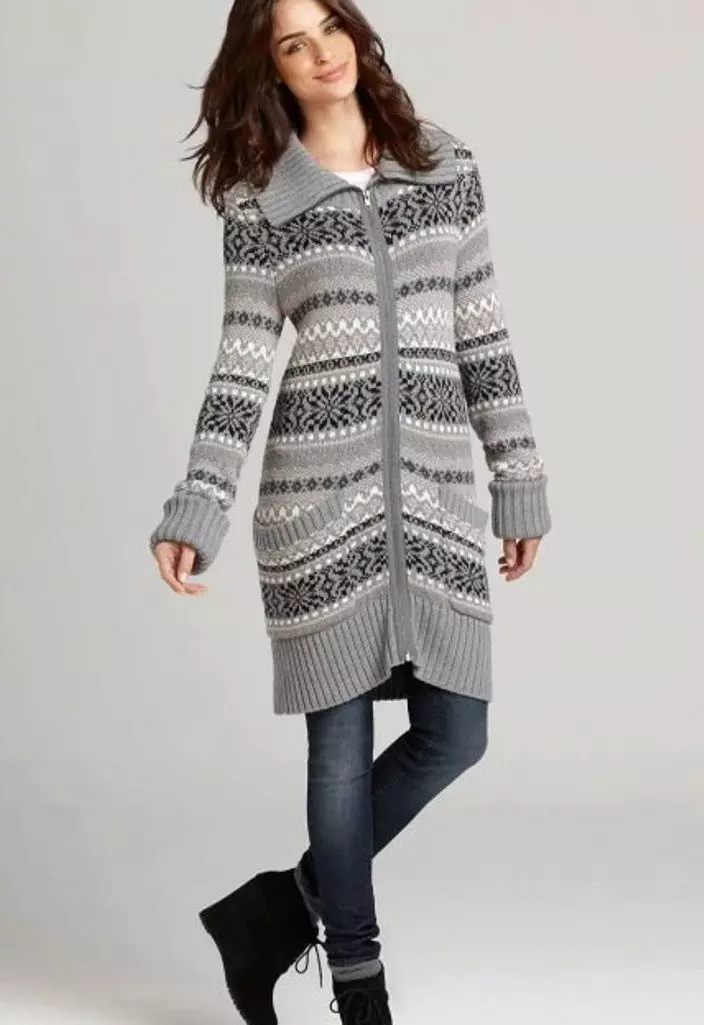 Long Sweater (82 billeder): Strikket, med sider, uden knapper, foran en kort 14501_69