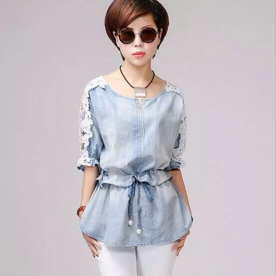 Tunik Denim (84 Poto): Tren Baris, sareng anu ngagem 14546_41