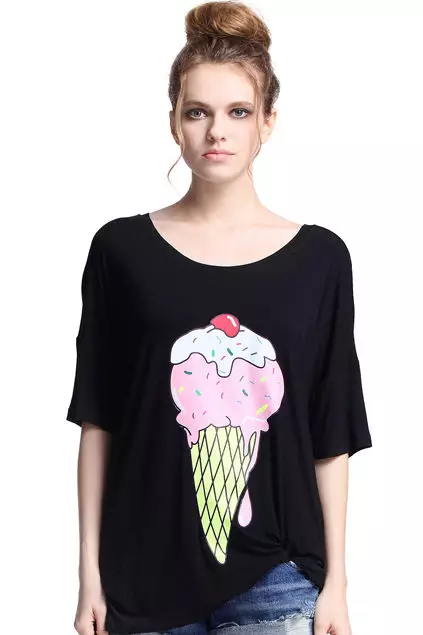 Baskı ile T-Shirt: Dövme Baskı, Siyah ve Beyaz, Dondurma ve Kedi Resmi ile Kadın 14585_102