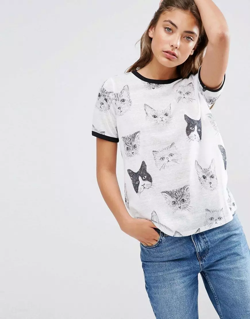 Baskı ile T-Shirt: Dövme Baskı, Siyah ve Beyaz, Dondurma ve Kedi Resmi ile Kadın 14585_110