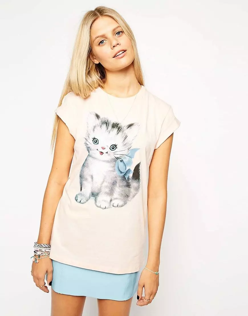 Baskı ile T-Shirt: Dövme Baskı, Siyah ve Beyaz, Dondurma ve Kedi Resmi ile Kadın 14585_114