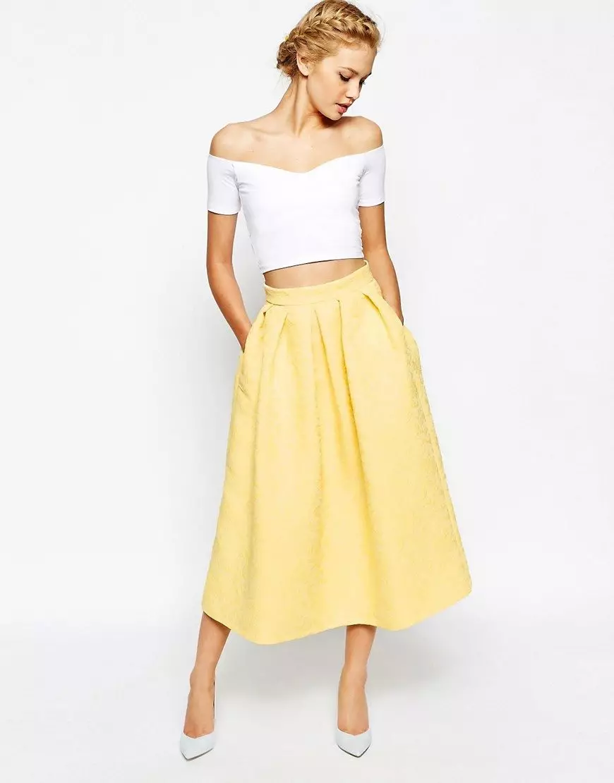 Skirts verdhë (102 foto): Çfarë është e veshur, laps dhe diell, të gjatë në dysheme dhe të shkurtër, me të zezë, blu, jeshile dhe të bardhë 14623_9