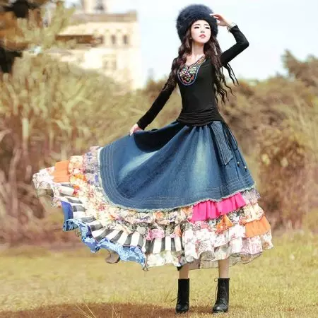 Boko Skirts (foto 51): Ihe ị ga-eyi uwe na-eyi akwa, uwe elu crochet n'ụdị boho, Denim models 14640_26