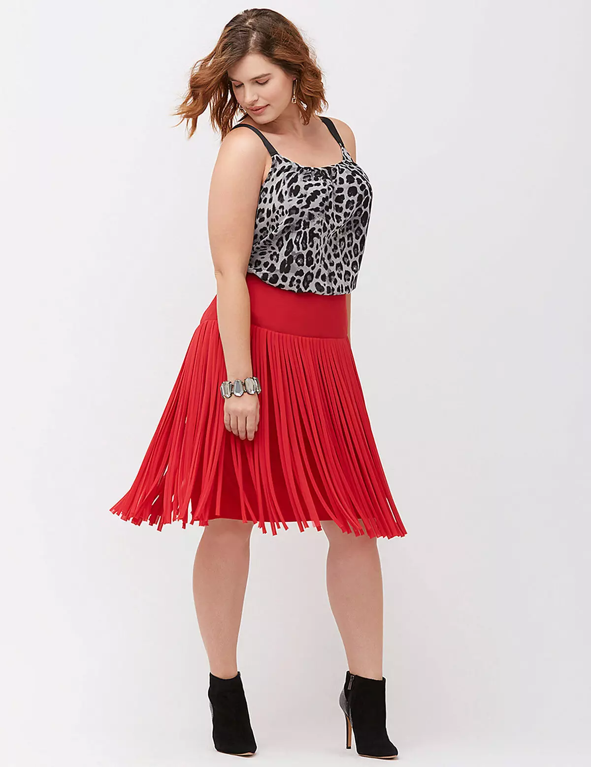 Red Midi Skirt Bi Fringe