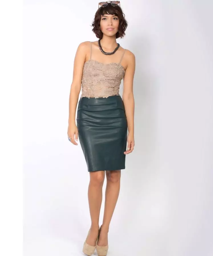 Leather dark green pencil skirt.