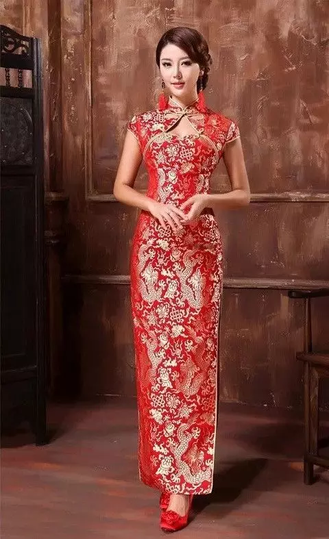 Ilga suknelė raudona kinų stiliaus