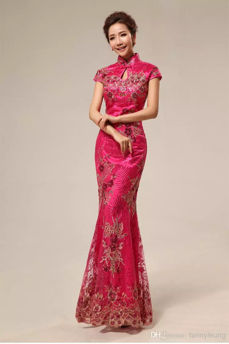 Garš rozā ķīniešu stila kleita