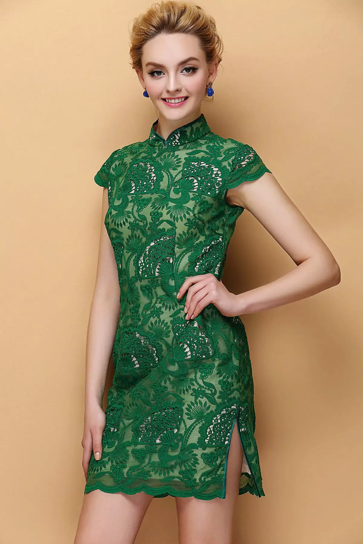 Зелена къса дантела рокля cipao