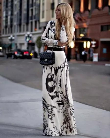 Long White Dress With Black Abstract Pattern