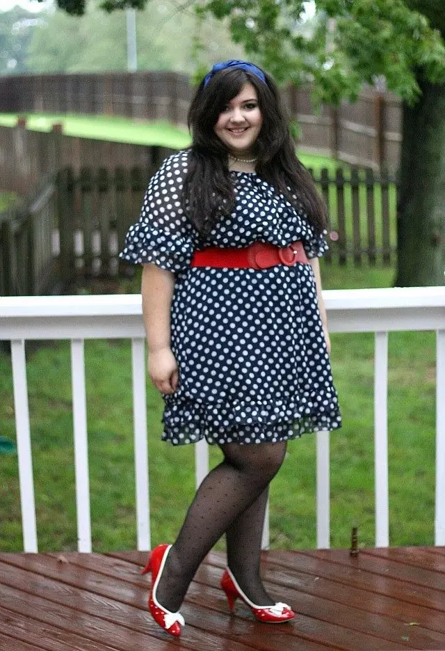 Blue polka dot dress with red belt and shoes for full