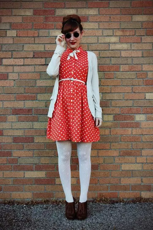 Red short white polka dot dress