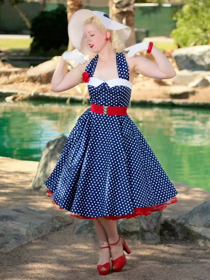 Retro image with a blue polka dot dress